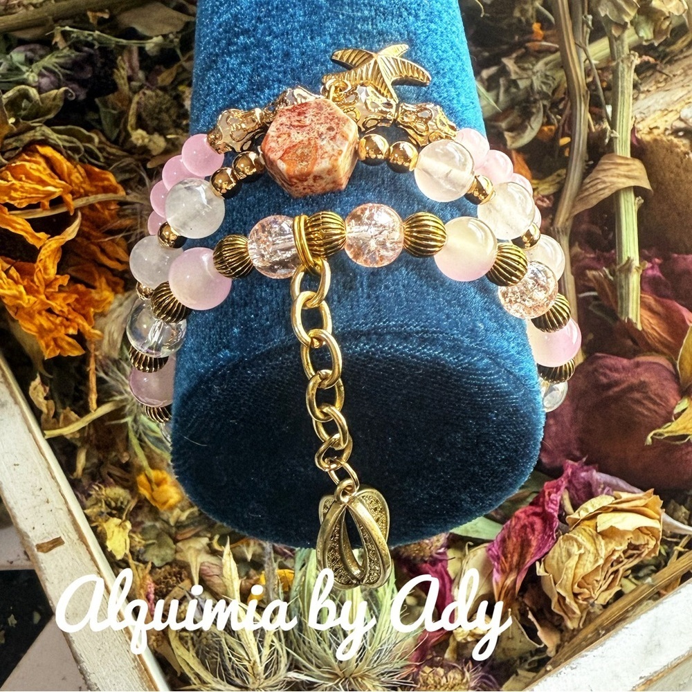 Alquimia Pink and Gold Beaded Bracelet set Quartz jasper jade
